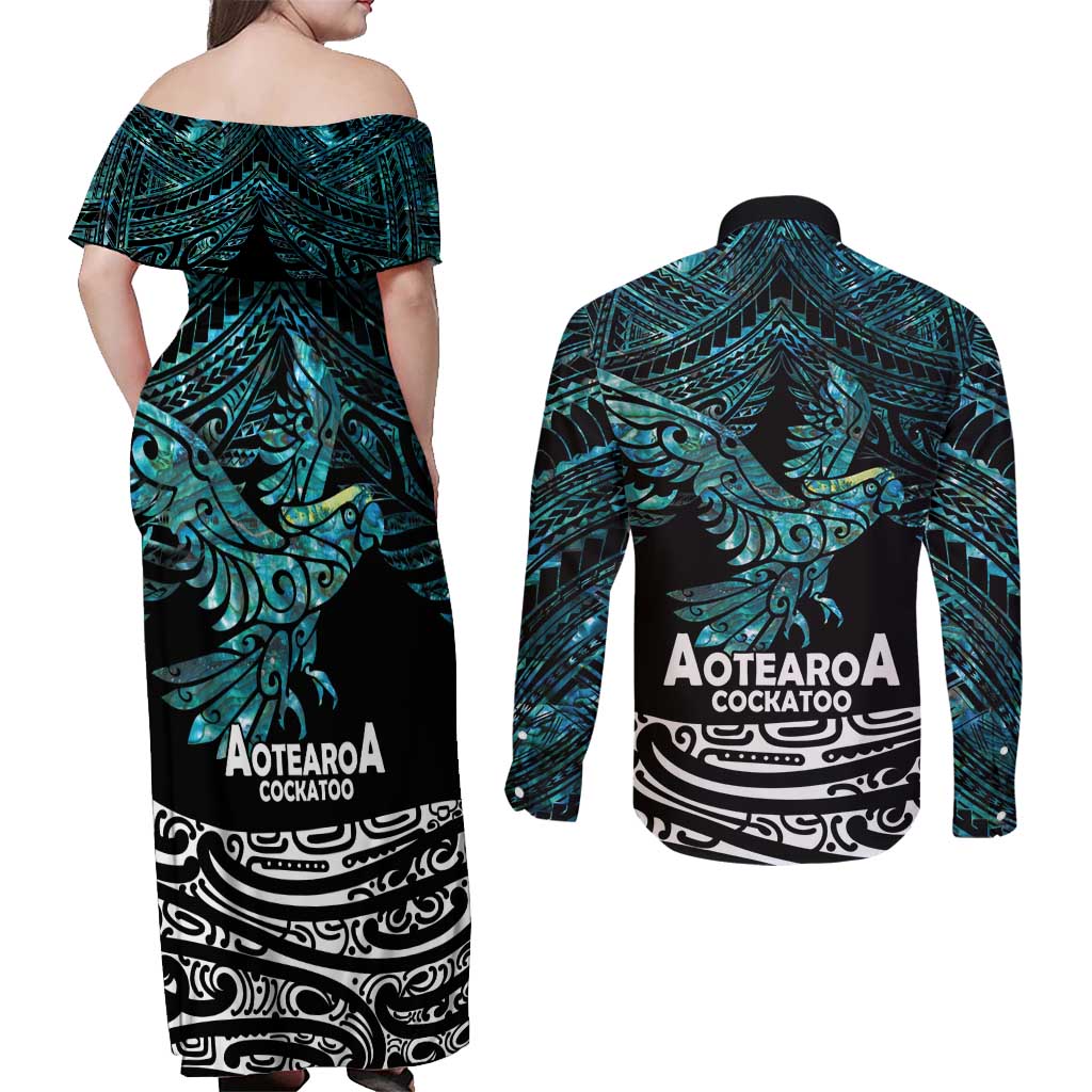 New Zealand Sulphur-crested Cockatoo Couples Matching Off Shoulder Maxi Dress and Long Sleeve Button Shirt Aotearoa Maori Mix Paua Shell LT14 - Polynesian Pride
