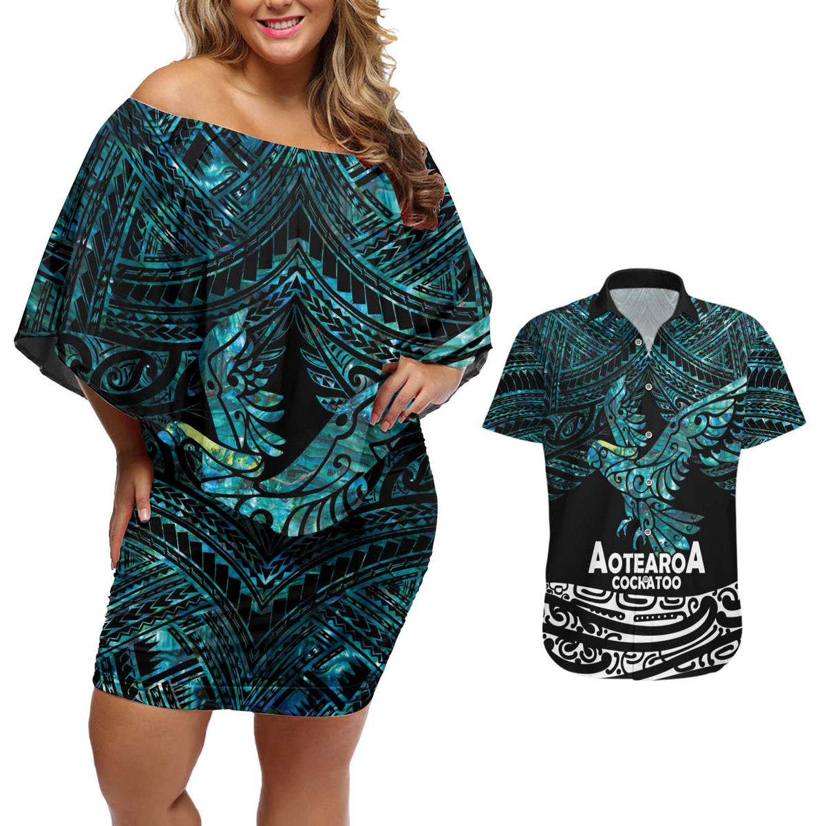 New Zealand Sulphur-crested Cockatoo Couples Matching Off Shoulder Short Dress and Hawaiian Shirt Aotearoa Maori Mix Paua Shell LT14 Turquoise - Polynesian Pride
