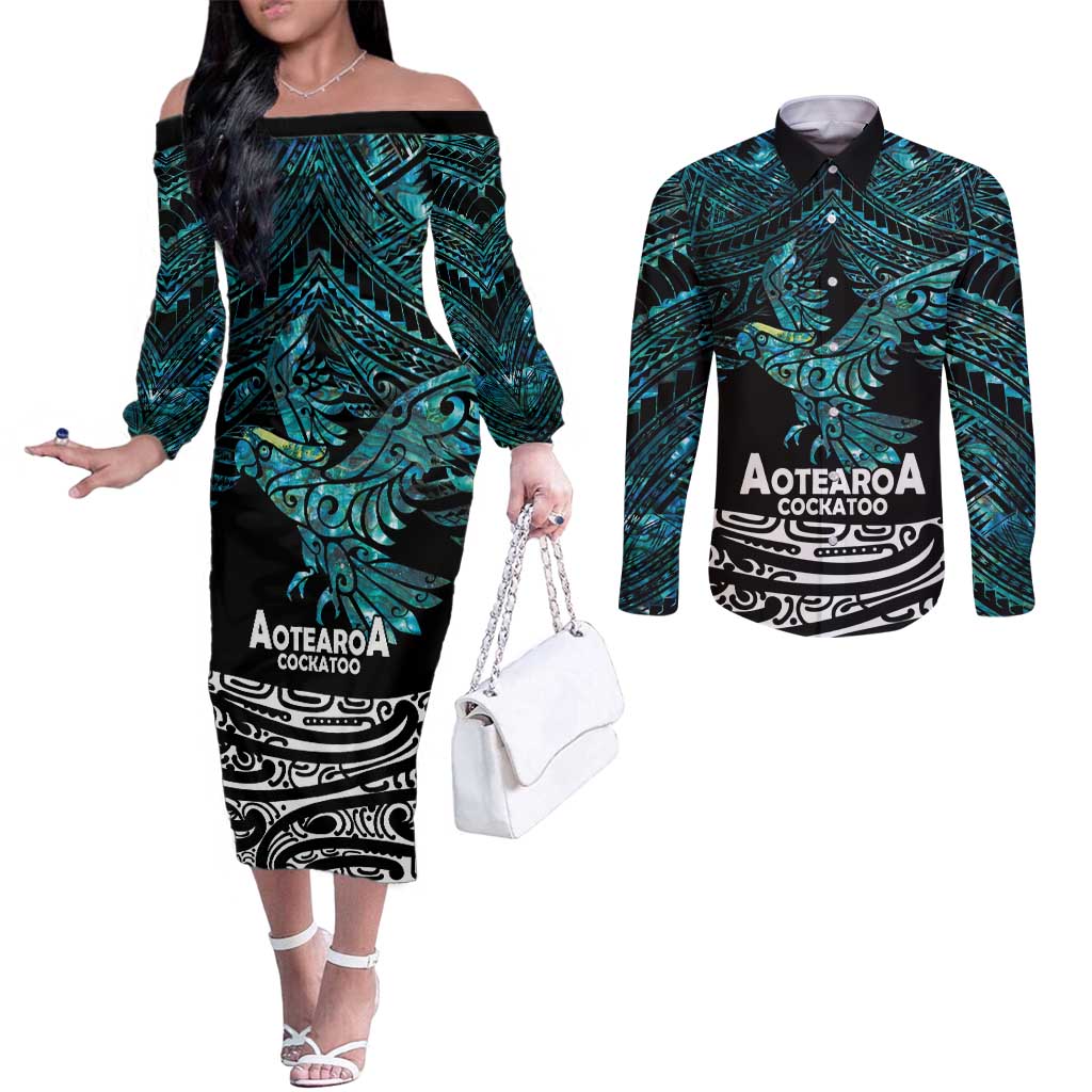 New Zealand Sulphur-crested Cockatoo Couples Matching Off The Shoulder Long Sleeve Dress and Long Sleeve Button Shirt Aotearoa Maori Mix Paua Shell LT14 Turquoise - Polynesian Pride