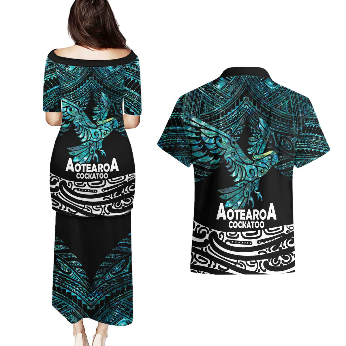 New Zealand Sulphur-crested Cockatoo Couples Matching Puletasi and Hawaiian Shirt Aotearoa Maori Mix Paua Shell LT14 - Polynesian Pride