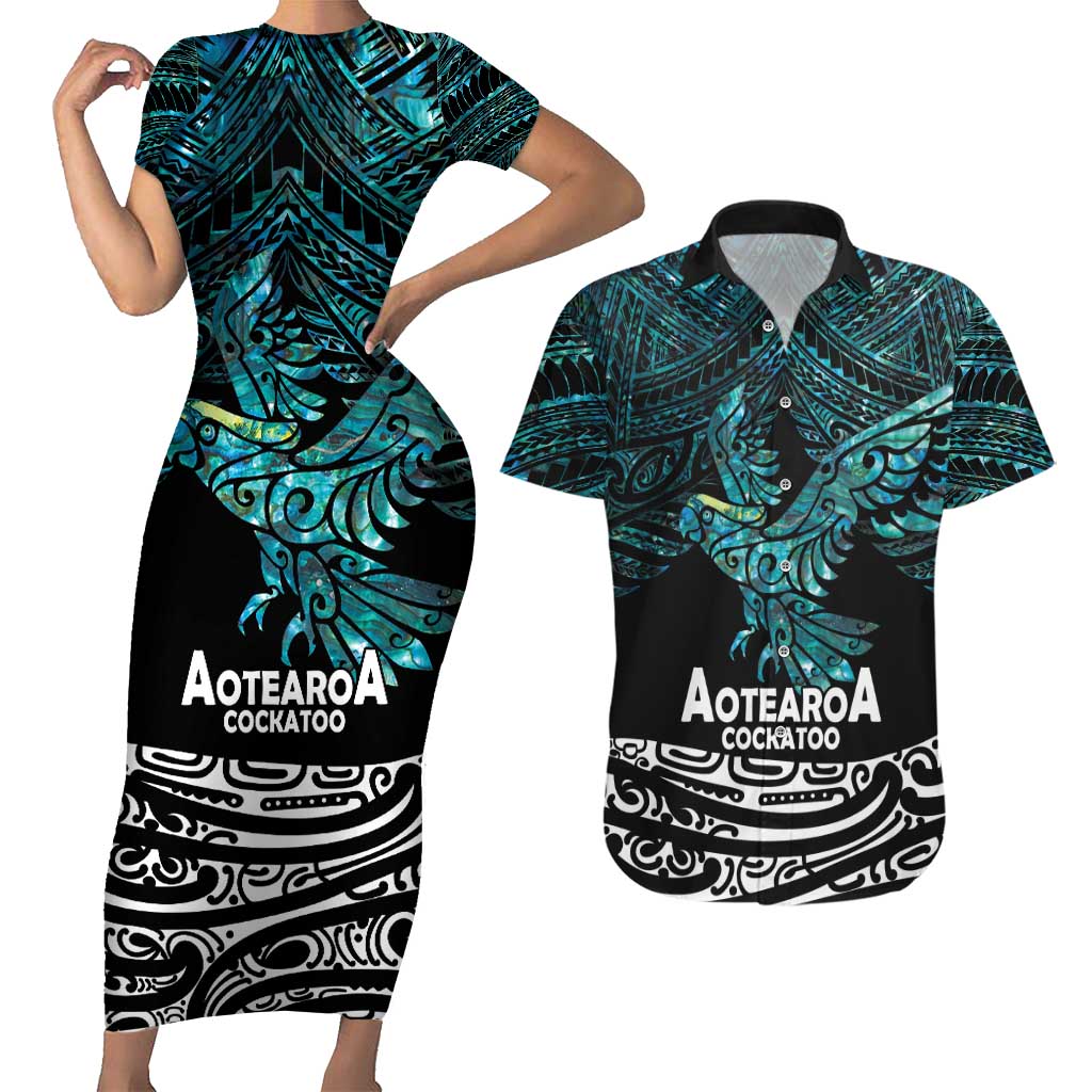 New Zealand Sulphur-crested Cockatoo Couples Matching Short Sleeve Bodycon Dress and Hawaiian Shirt Aotearoa Maori Mix Paua Shell LT14 Turquoise - Polynesian Pride