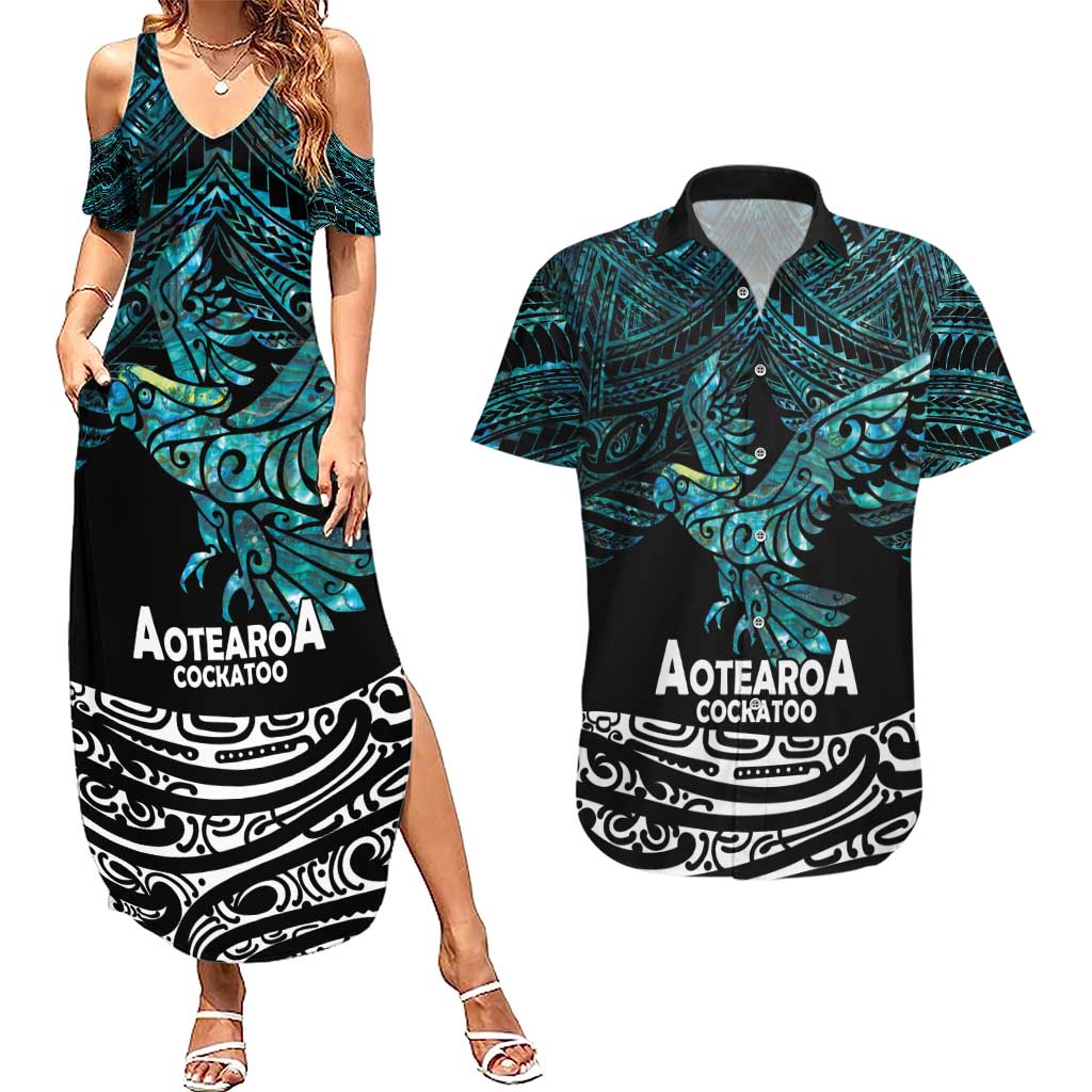 New Zealand Sulphur-crested Cockatoo Couples Matching Summer Maxi Dress and Hawaiian Shirt Aotearoa Maori Mix Paua Shell LT14 Turquoise - Polynesian Pride