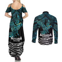 New Zealand Sulphur-crested Cockatoo Couples Matching Summer Maxi Dress and Long Sleeve Button Shirt Aotearoa Maori Mix Paua Shell LT14 - Polynesian Pride