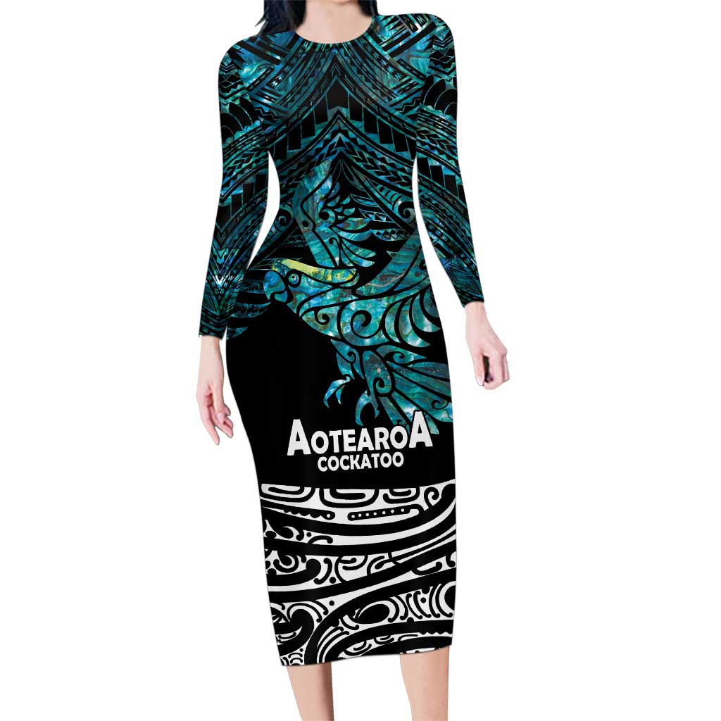 New Zealand Sulphur-crested Cockatoo Family Matching Long Sleeve Bodycon Dress and Hawaiian Shirt Aotearoa Maori Mix Paua Shell LT14 Mom's Dress Turquoise - Polynesian Pride