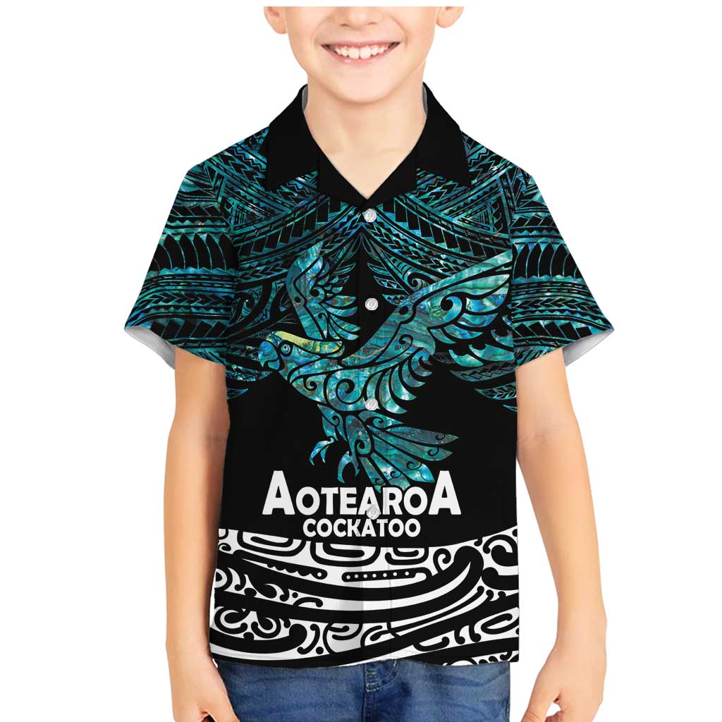 New Zealand Sulphur-crested Cockatoo Family Matching Mermaid Dress and Hawaiian Shirt Aotearoa Maori Mix Paua Shell LT14 Son's Shirt Turquoise - Polynesian Pride