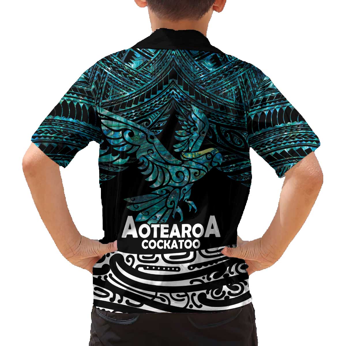 New Zealand Sulphur-crested Cockatoo Family Matching Off The Shoulder Long Sleeve Dress and Hawaiian Shirt Aotearoa Maori Mix Paua Shell LT14 - Polynesian Pride