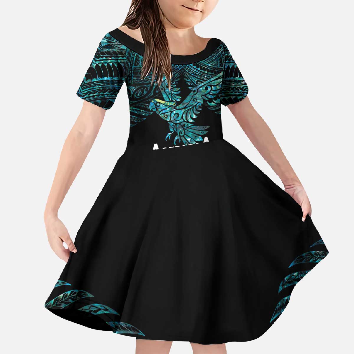 New Zealand Sulphur-crested Cockatoo Family Matching Off The Shoulder Long Sleeve Dress and Hawaiian Shirt Aotearoa Maori Mix Paua Shell LT14 Daughter's Dress Turquoise - Polynesian Pride