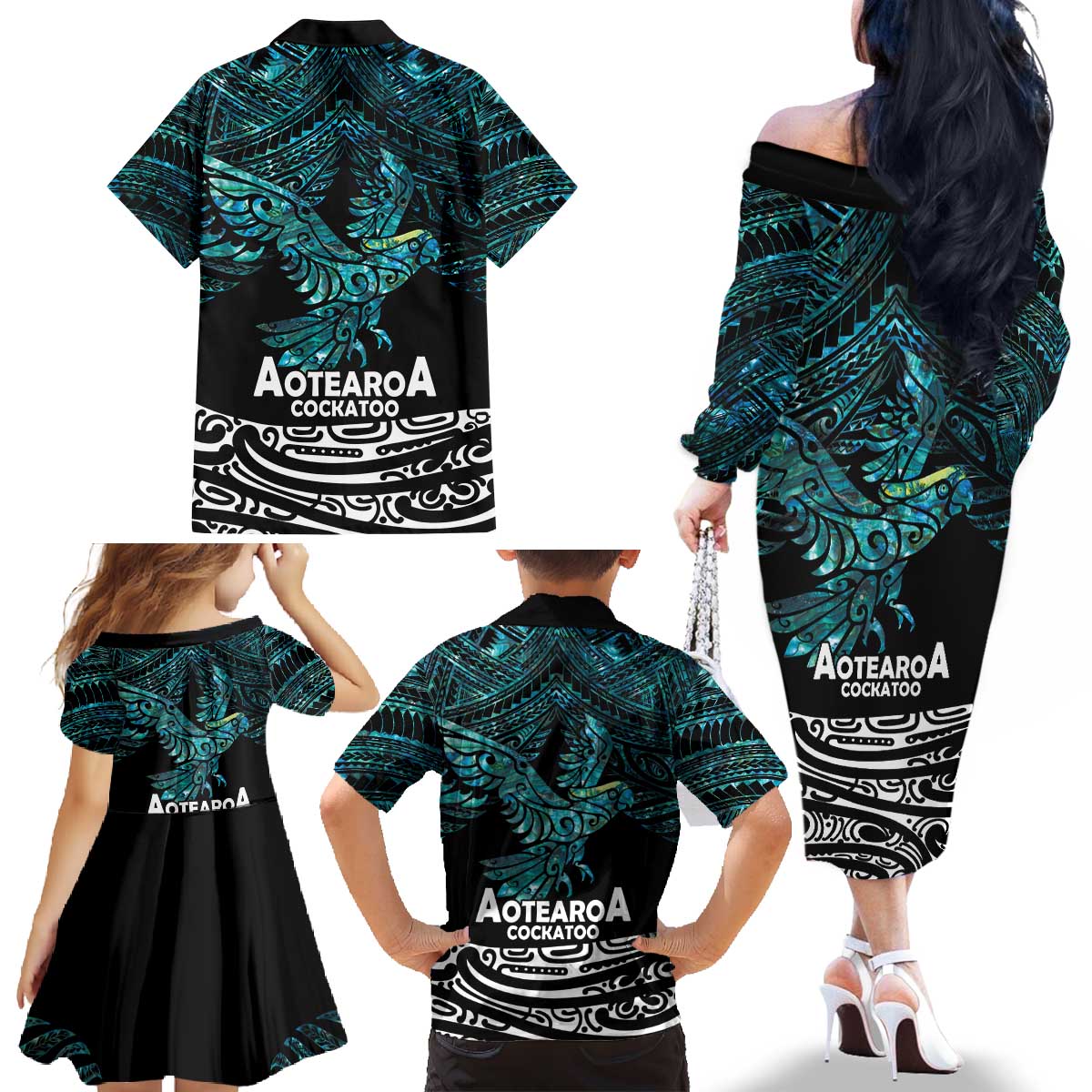 New Zealand Sulphur-crested Cockatoo Family Matching Off The Shoulder Long Sleeve Dress and Hawaiian Shirt Aotearoa Maori Mix Paua Shell LT14 - Polynesian Pride