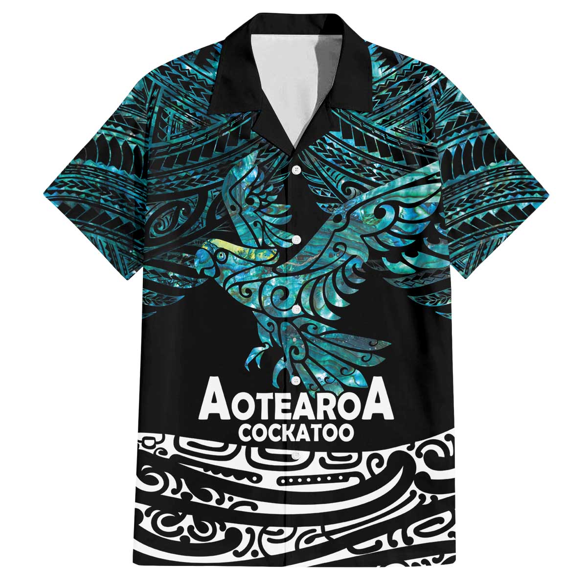 New Zealand Sulphur-crested Cockatoo Family Matching Off The Shoulder Long Sleeve Dress and Hawaiian Shirt Aotearoa Maori Mix Paua Shell LT14 Dad's Shirt - Short Sleeve Turquoise - Polynesian Pride