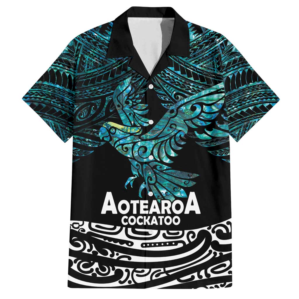 New Zealand Sulphur-crested Cockatoo Family Matching Off Shoulder Maxi Dress and Hawaiian Shirt Aotearoa Maori Mix Paua Shell LT14 Dad's Shirt - Short Sleeve Turquoise - Polynesian Pride