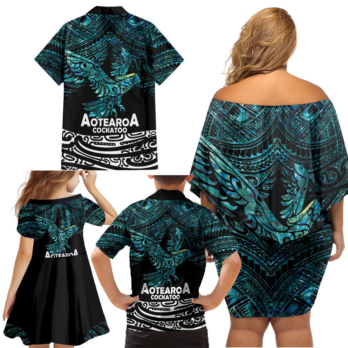 New Zealand Sulphur-crested Cockatoo Family Matching Off Shoulder Short Dress and Hawaiian Shirt Aotearoa Maori Mix Paua Shell LT14 - Polynesian Pride