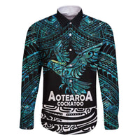 New Zealand Sulphur-crested Cockatoo Family Matching Off Shoulder Short Dress and Hawaiian Shirt Aotearoa Maori Mix Paua Shell LT14 Dad's Shirt - Long Sleeve Turquoise - Polynesian Pride
