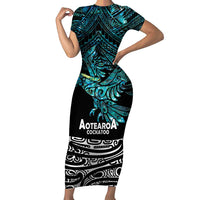 New Zealand Sulphur-crested Cockatoo Family Matching Short Sleeve Bodycon Dress and Hawaiian Shirt Aotearoa Maori Mix Paua Shell LT14 Mom's Dress Turquoise - Polynesian Pride