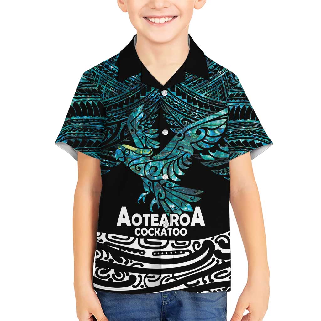 New Zealand Sulphur-crested Cockatoo Family Matching Short Sleeve Bodycon Dress and Hawaiian Shirt Aotearoa Maori Mix Paua Shell LT14 Son's Shirt Turquoise - Polynesian Pride