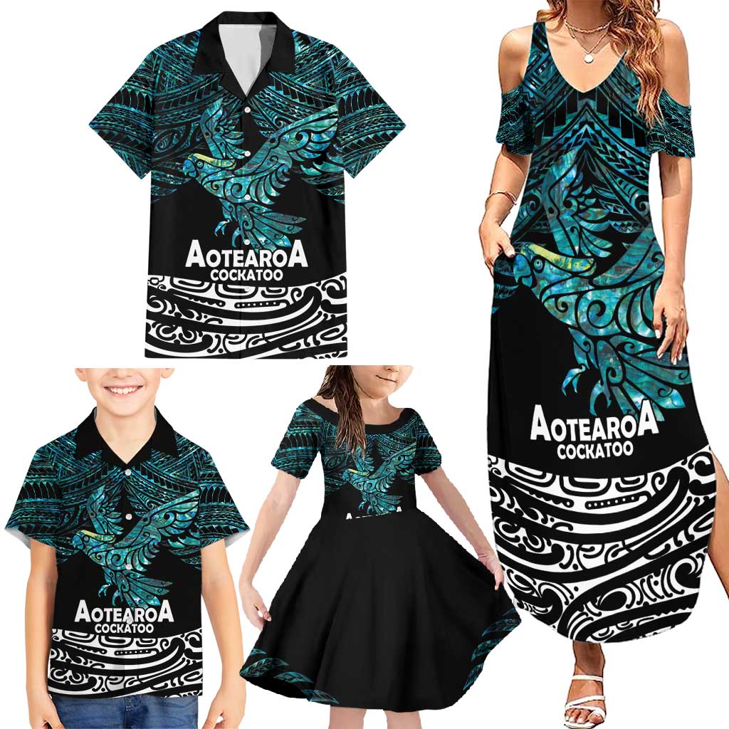New Zealand Sulphur-crested Cockatoo Family Matching Summer Maxi Dress and Hawaiian Shirt Aotearoa Maori Mix Paua Shell LT14 - Polynesian Pride
