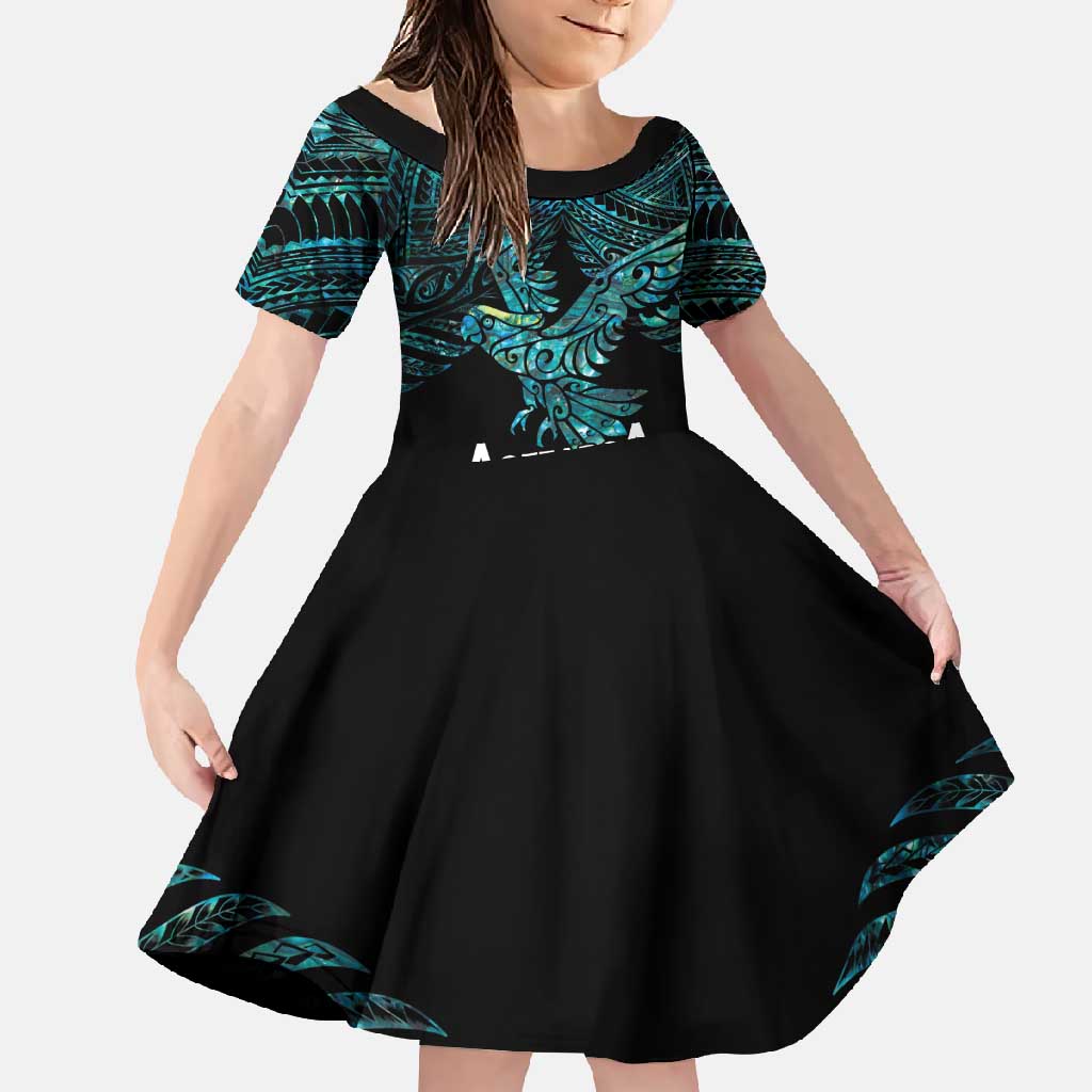 New Zealand Sulphur-crested Cockatoo Family Matching Tank Maxi Dress and Hawaiian Shirt Aotearoa Maori Mix Paua Shell LT14 Daughter's Dress Turquoise - Polynesian Pride