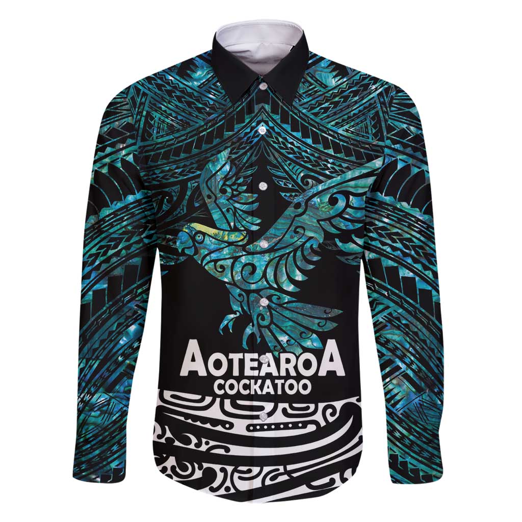 New Zealand Sulphur-crested Cockatoo Family Matching Tank Maxi Dress and Hawaiian Shirt Aotearoa Maori Mix Paua Shell LT14 Dad's Shirt - Long Sleeve Turquoise - Polynesian Pride