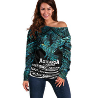 New Zealand Sulphur-crested Cockatoo Off Shoulder Sweater Aotearoa Maori Mix Paua Shell LT14 Women Turquoise - Polynesian Pride