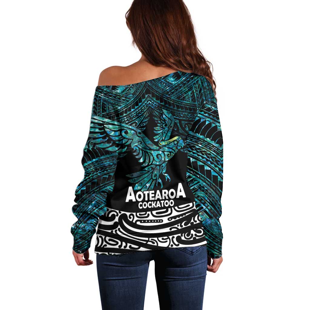 New Zealand Sulphur-crested Cockatoo Off Shoulder Sweater Aotearoa Maori Mix Paua Shell LT14 - Polynesian Pride