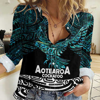 New Zealand Sulphur-crested Cockatoo Women Casual Shirt Aotearoa Maori Mix Paua Shell LT14 Female Turquoise - Polynesian Pride