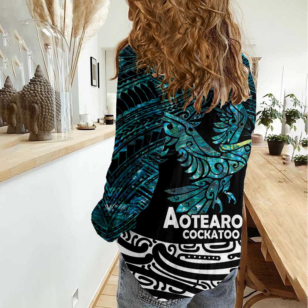 New Zealand Sulphur-crested Cockatoo Women Casual Shirt Aotearoa Maori Mix Paua Shell LT14 - Polynesian Pride