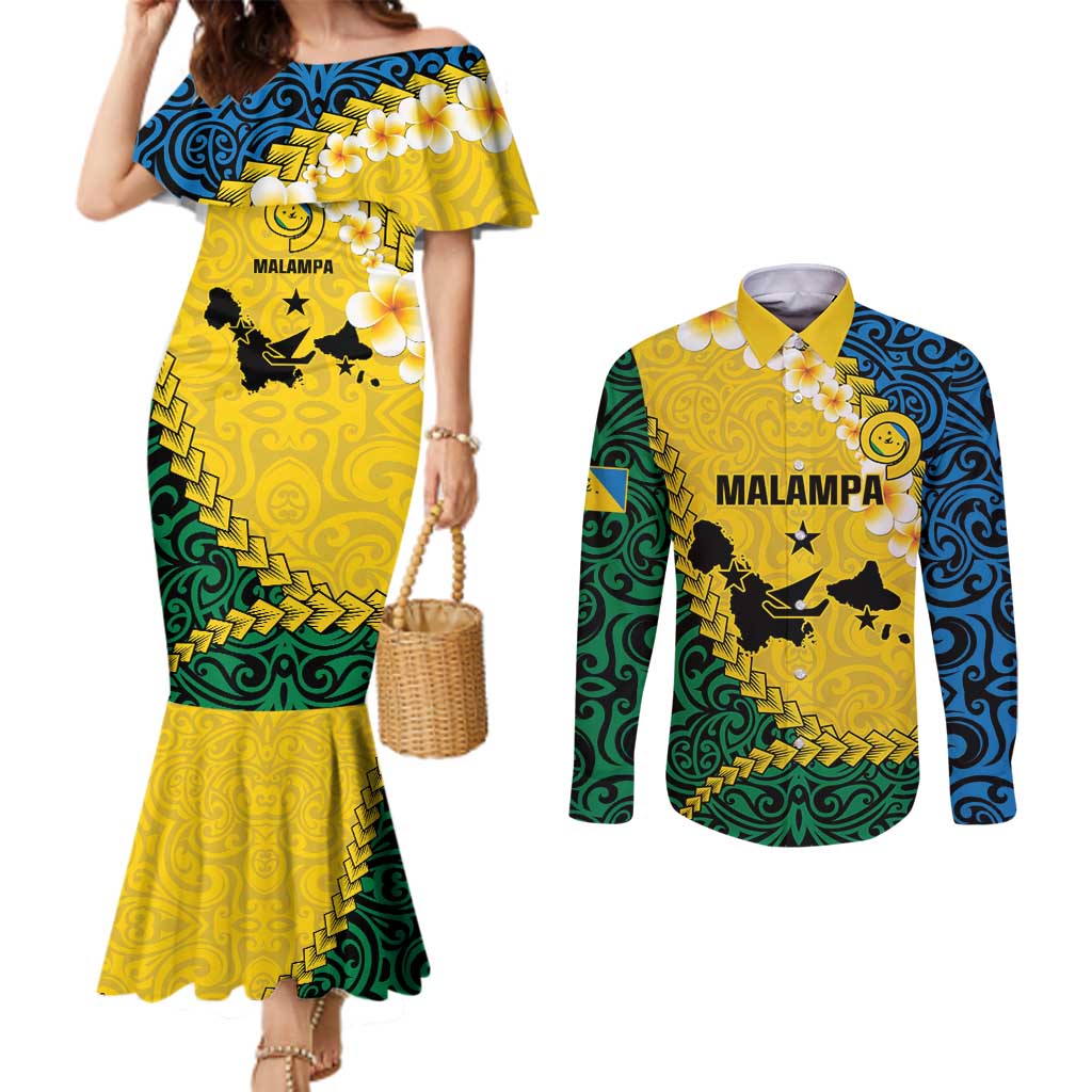 Malampa Province Couples Matching Mermaid Dress and Long Sleeve Button Shirt Vanuatu Map - Plumeria Flag Color