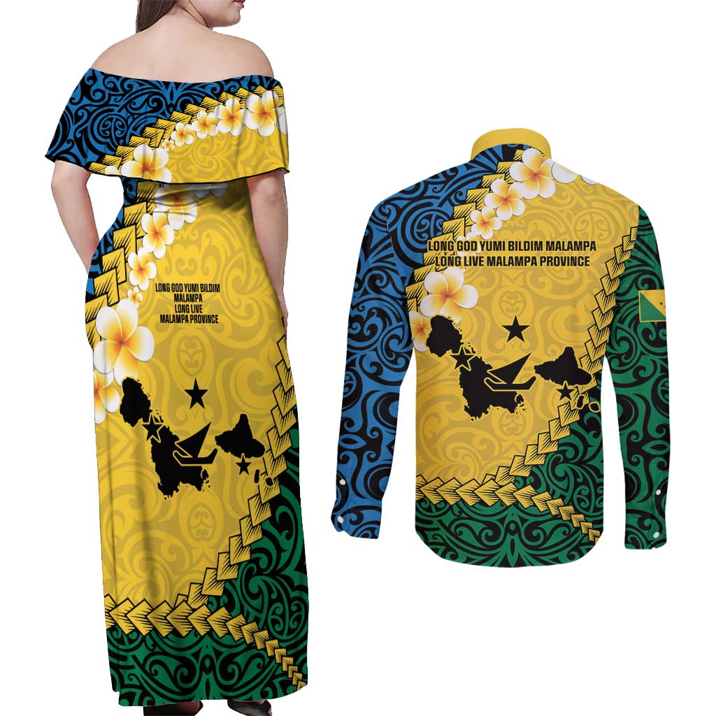 Malampa Province Couples Matching Off Shoulder Maxi Dress and Long Sleeve Button Shirt Vanuatu Map - Plumeria Flag Color