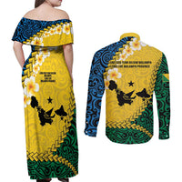 Malampa Province Couples Matching Off Shoulder Maxi Dress and Long Sleeve Button Shirt Vanuatu Map - Plumeria Flag Color