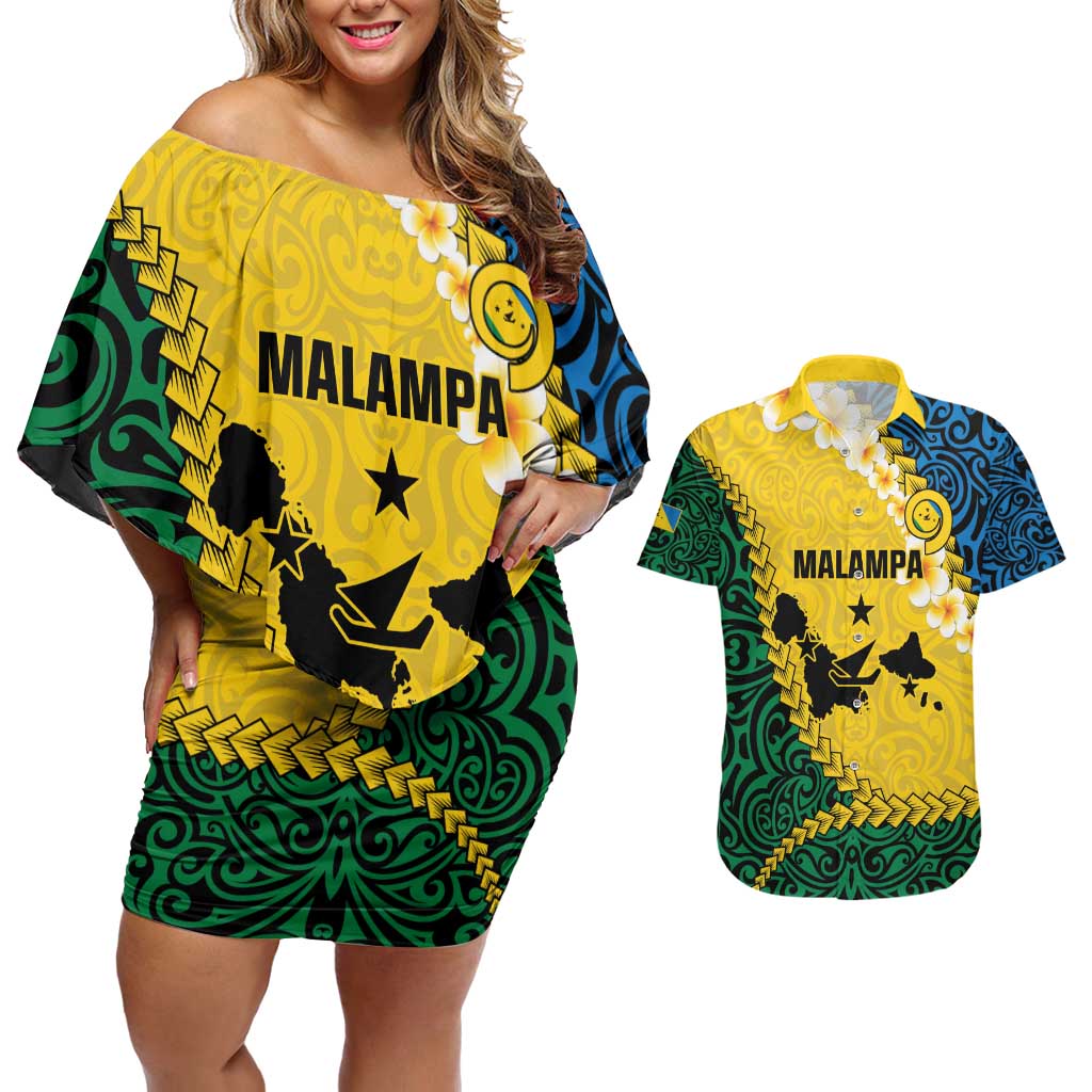 Malampa Province Couples Matching Off Shoulder Short Dress and Hawaiian Shirt Vanuatu Map - Plumeria Flag Color