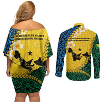 Malampa Province Couples Matching Off Shoulder Short Dress and Long Sleeve Button Shirt Vanuatu Map - Plumeria Flag Color
