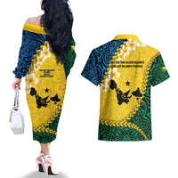 Malampa Province Couples Matching Off The Shoulder Long Sleeve Dress and Hawaiian Shirt Vanuatu Map - Plumeria Flag Color