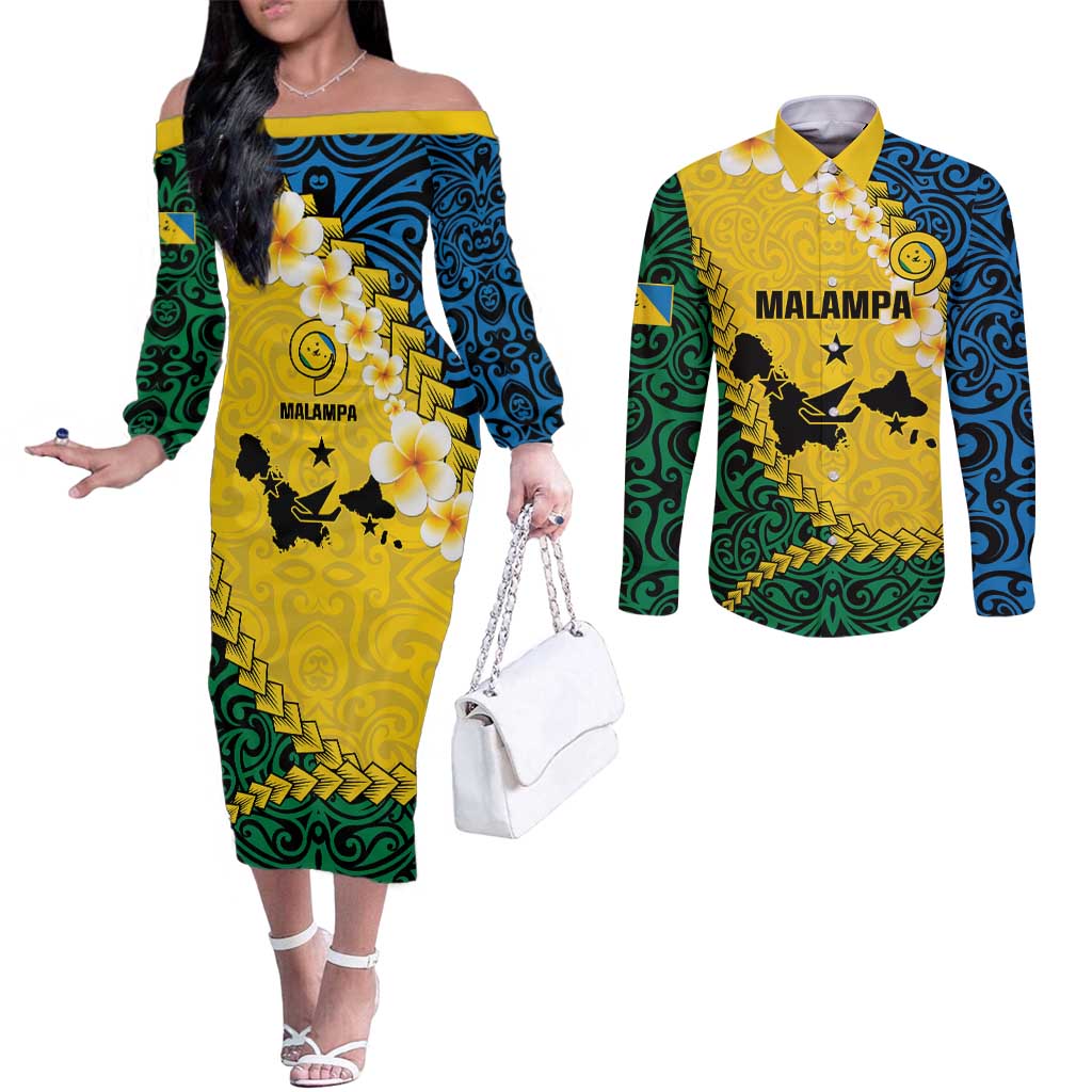 Malampa Province Couples Matching Off The Shoulder Long Sleeve Dress and Long Sleeve Button Shirt Vanuatu Map - Plumeria Flag Color