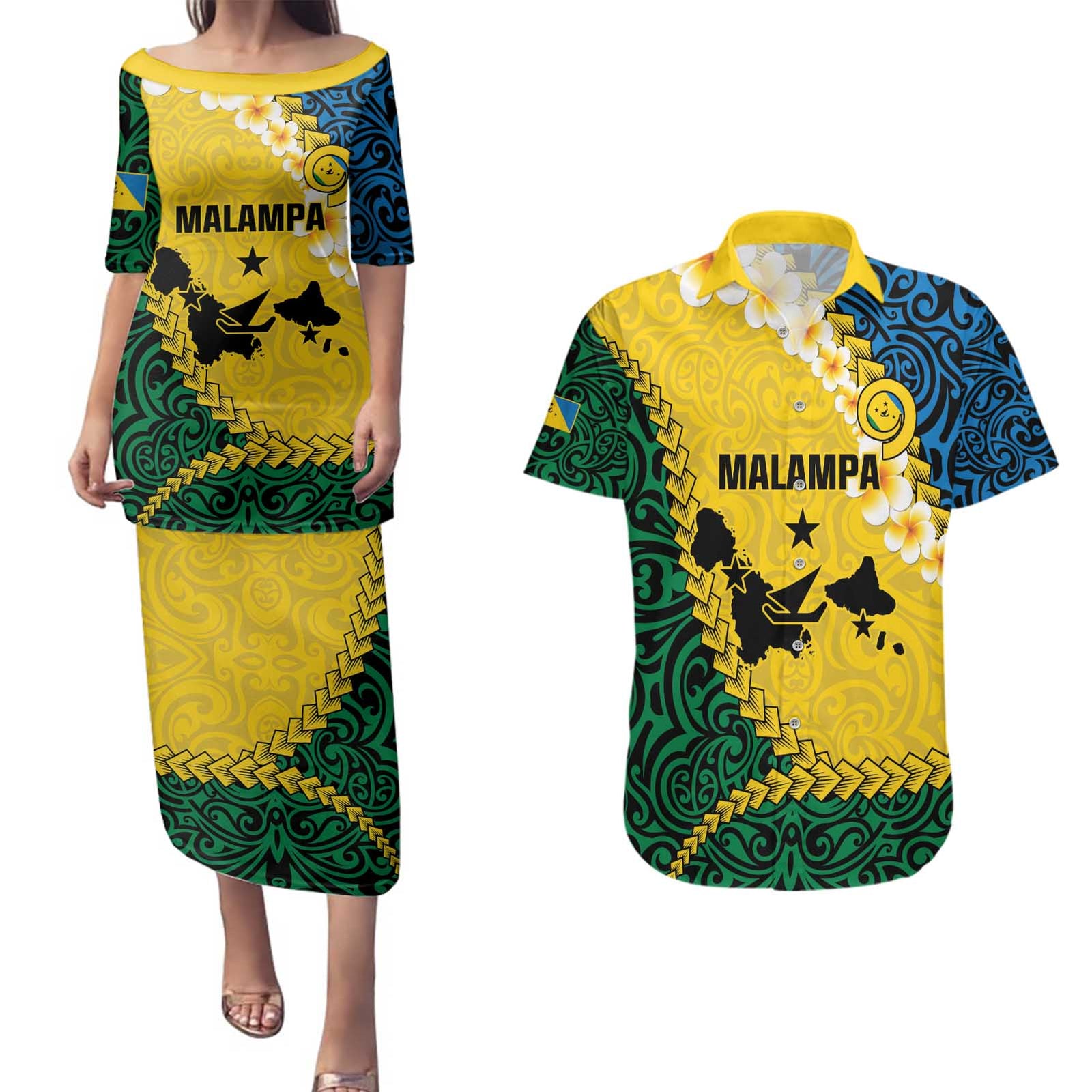 Malampa Province Couples Matching Puletasi and Hawaiian Shirt Vanuatu Map - Plumeria Flag Color