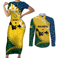 Malampa Province Couples Matching Short Sleeve Bodycon Dress and Long Sleeve Button Shirt Vanuatu Map - Plumeria Flag Color