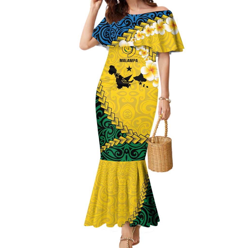 Malampa Province Family Matching Mermaid Dress and Hawaiian Shirt Vanuatu Map - Plumeria Flag Color LT14 Mom's Dress Yellow - Polynesian Pride