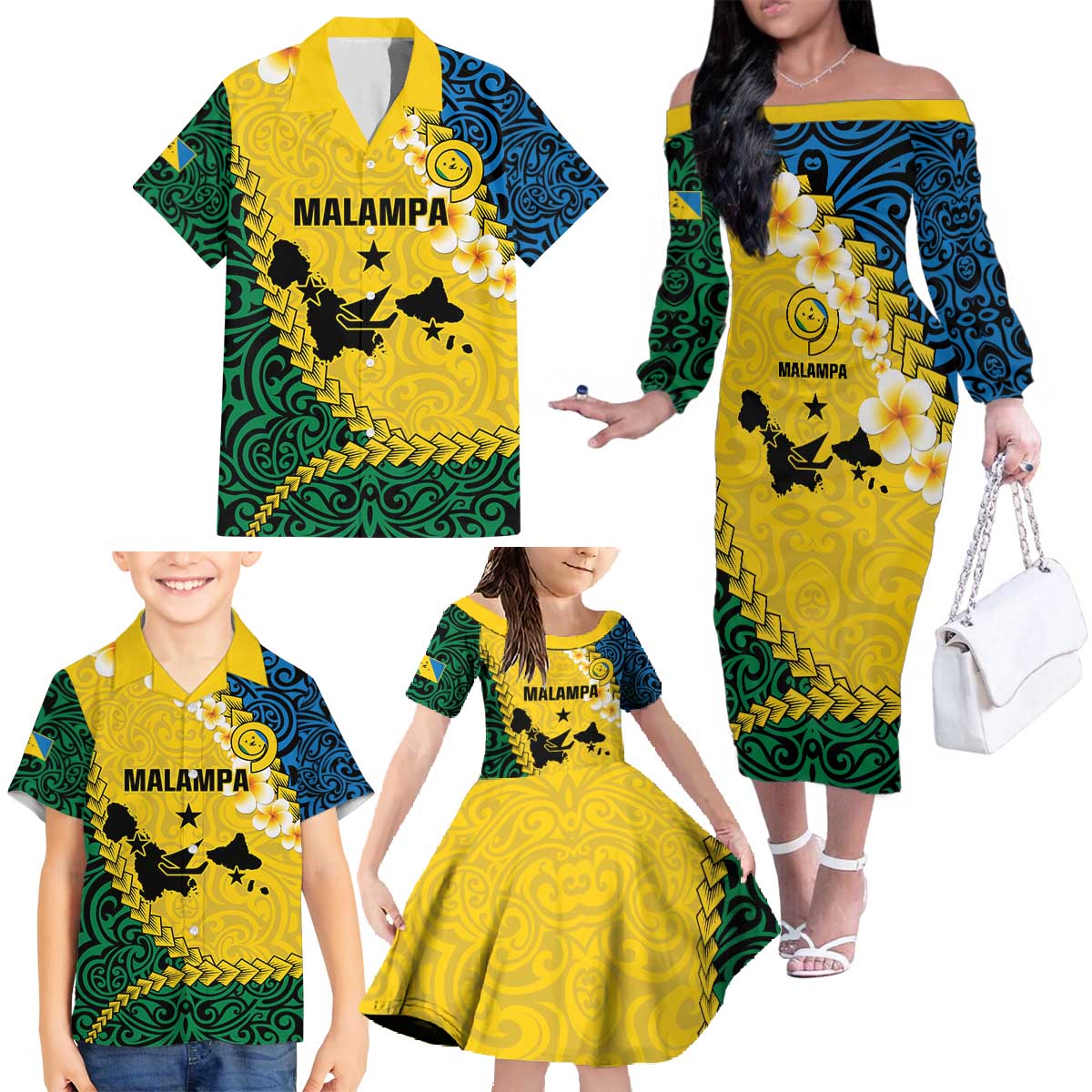 Malampa Province Family Matching Off The Shoulder Long Sleeve Dress and Hawaiian Shirt Vanuatu Map - Plumeria Flag Color LT14 - Polynesian Pride