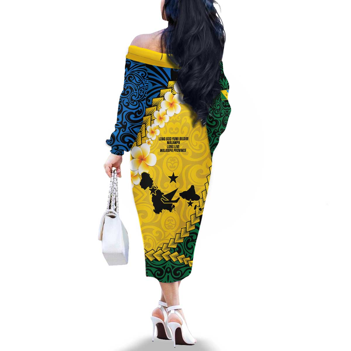Malampa Province Family Matching Off The Shoulder Long Sleeve Dress and Hawaiian Shirt Vanuatu Map - Plumeria Flag Color LT14 - Polynesian Pride