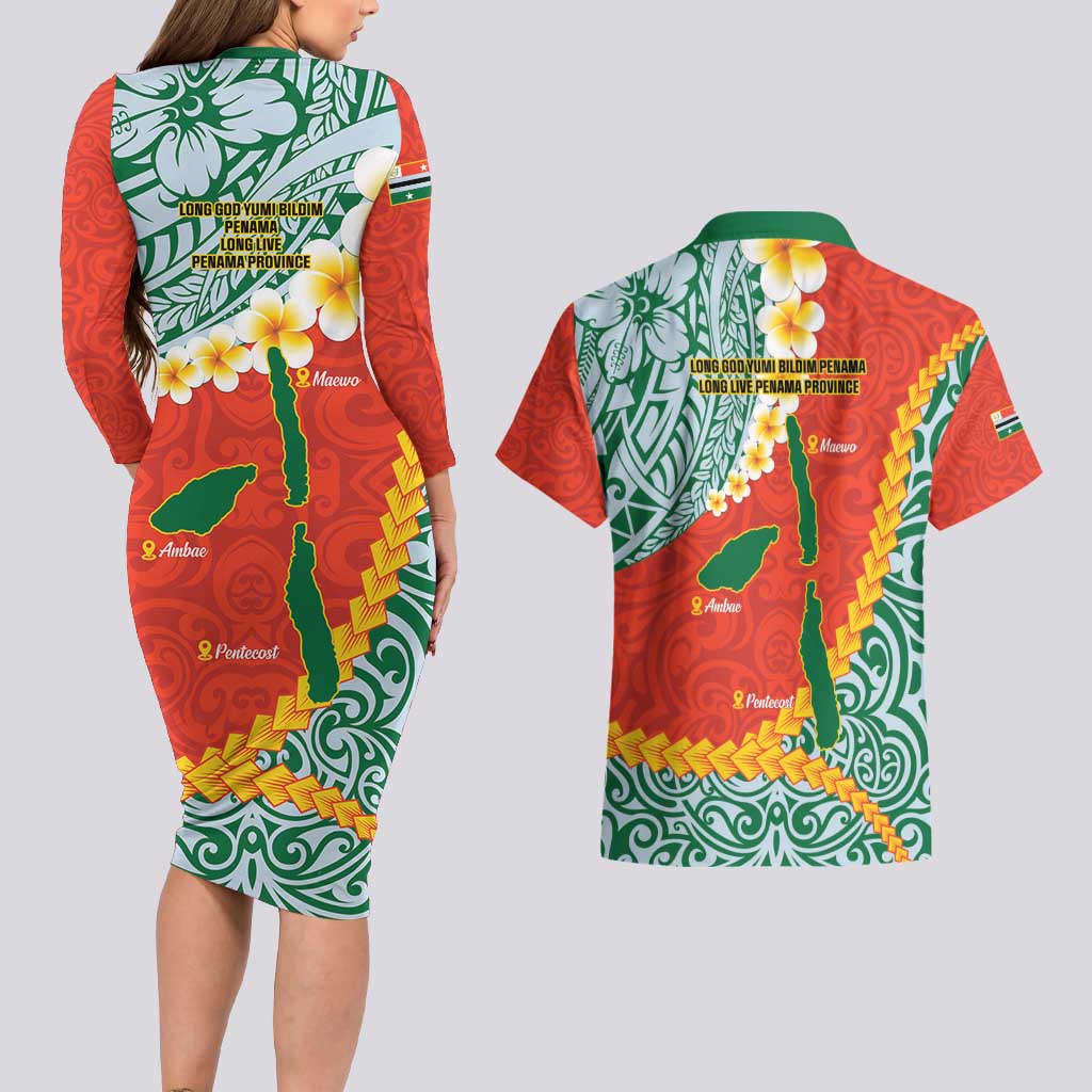 Penama Province Couples Matching Long Sleeve Bodycon Dress and Hawaiian Shirt Vanuatu Map - Plumeria Flag Color LT14 - Polynesian Pride