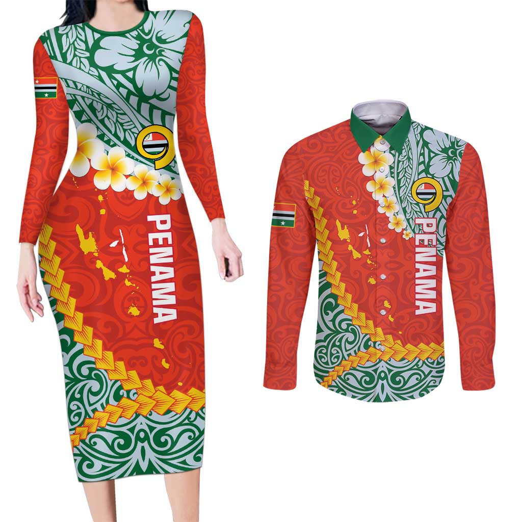Penama Province Couples Matching Long Sleeve Bodycon Dress and Long Sleeve Button Shirt Vanuatu Map - Plumeria Flag Color