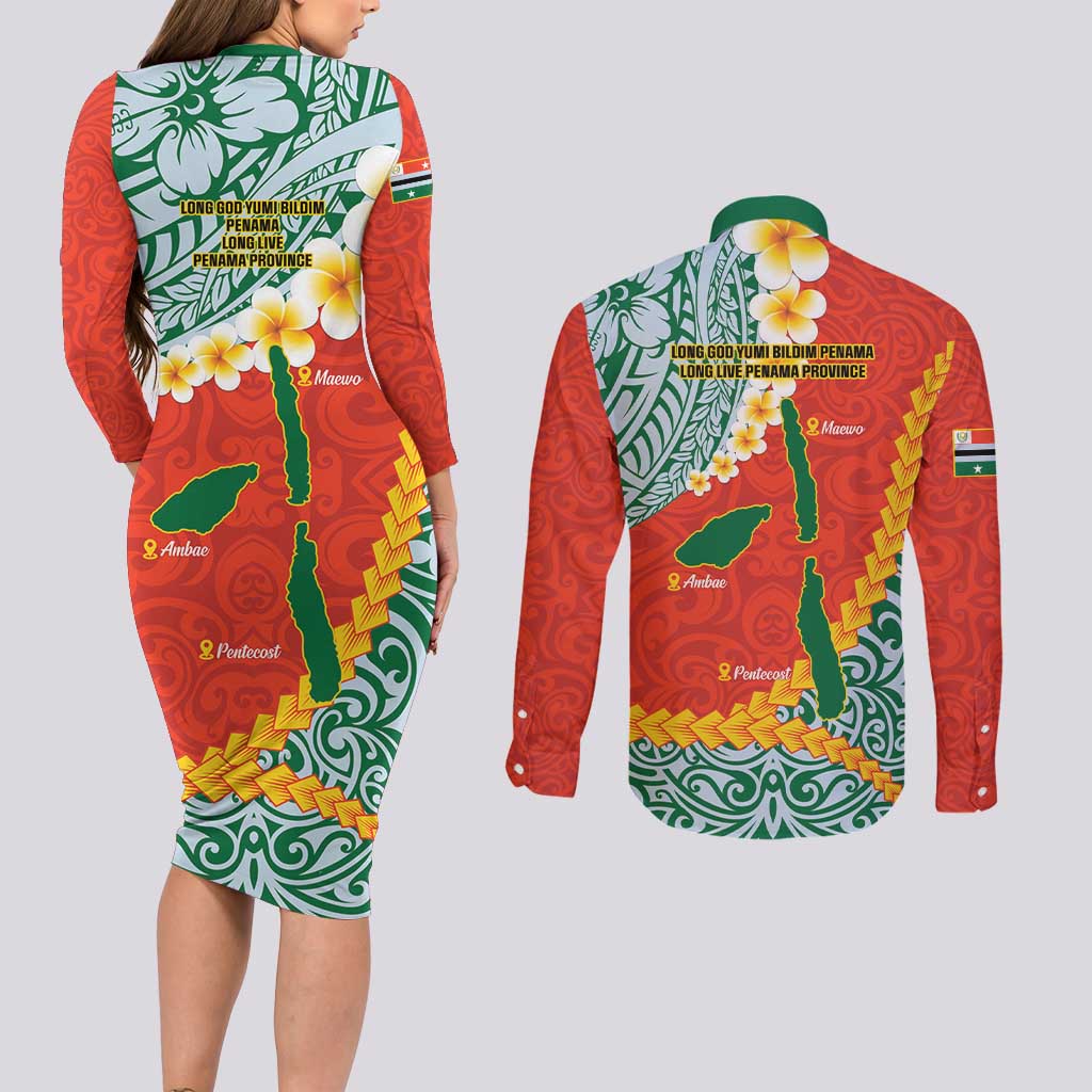 Penama Province Couples Matching Long Sleeve Bodycon Dress and Long Sleeve Button Shirt Vanuatu Map - Plumeria Flag Color