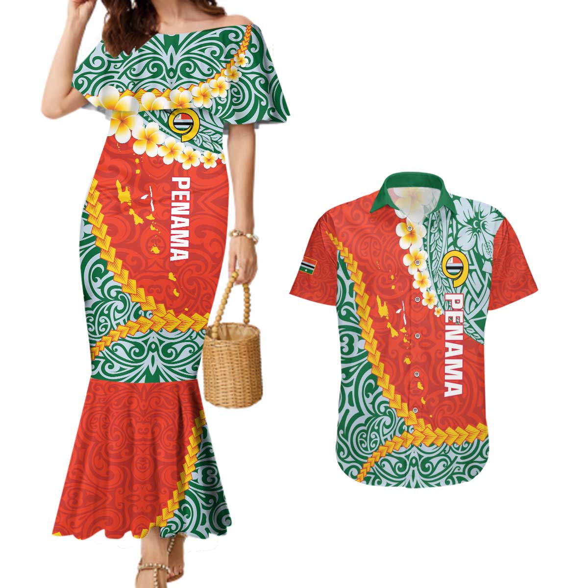 Penama Province Couples Matching Mermaid Dress and Hawaiian Shirt Vanuatu Map - Plumeria Flag Color LT14 Red - Polynesian Pride