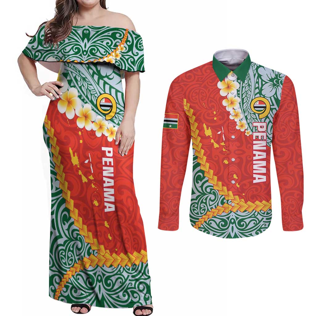 Penama Province Couples Matching Off Shoulder Maxi Dress and Long Sleeve Button Shirt Vanuatu Map - Plumeria Flag Color