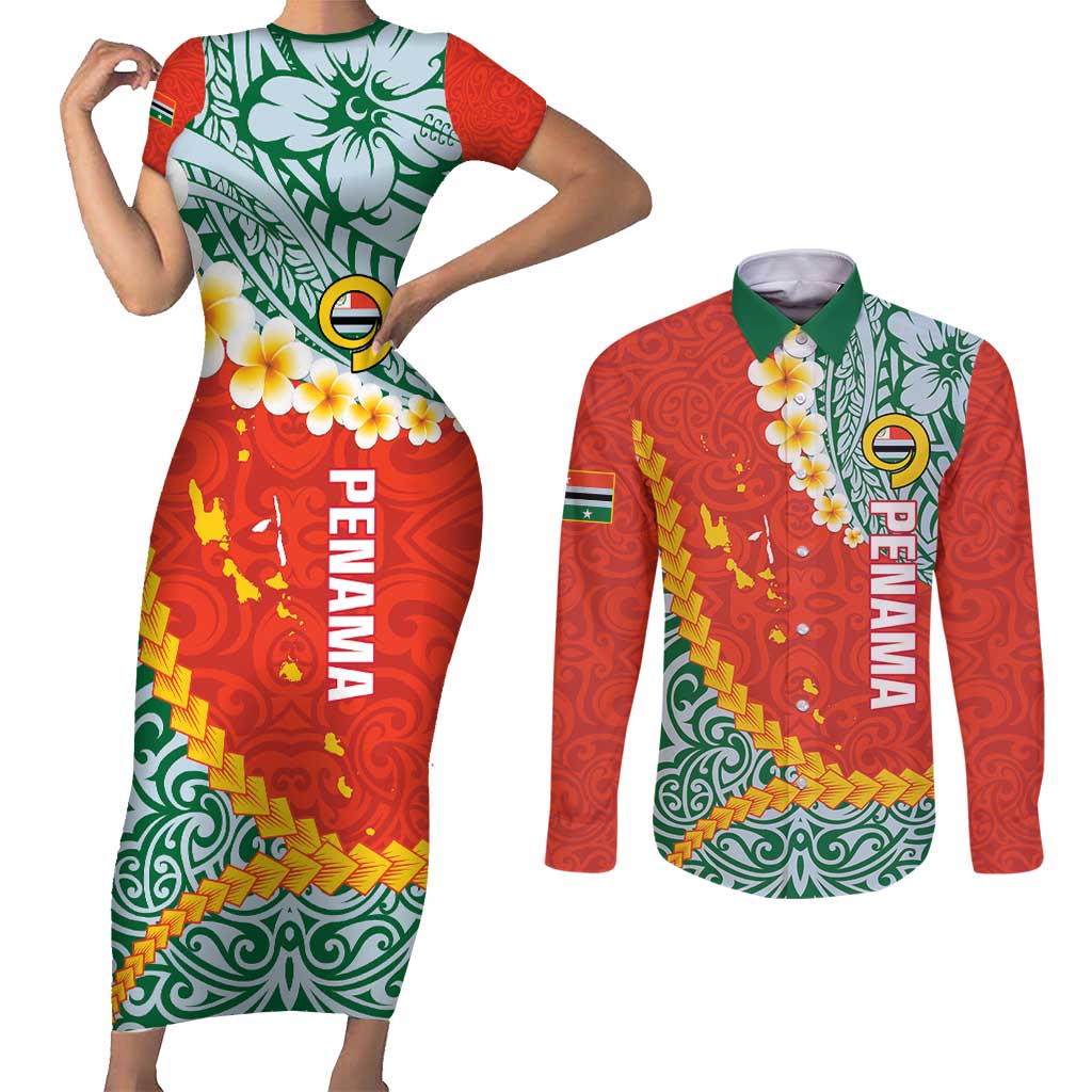 Penama Province Couples Matching Short Sleeve Bodycon Dress and Long Sleeve Button Shirt Vanuatu Map - Plumeria Flag Color