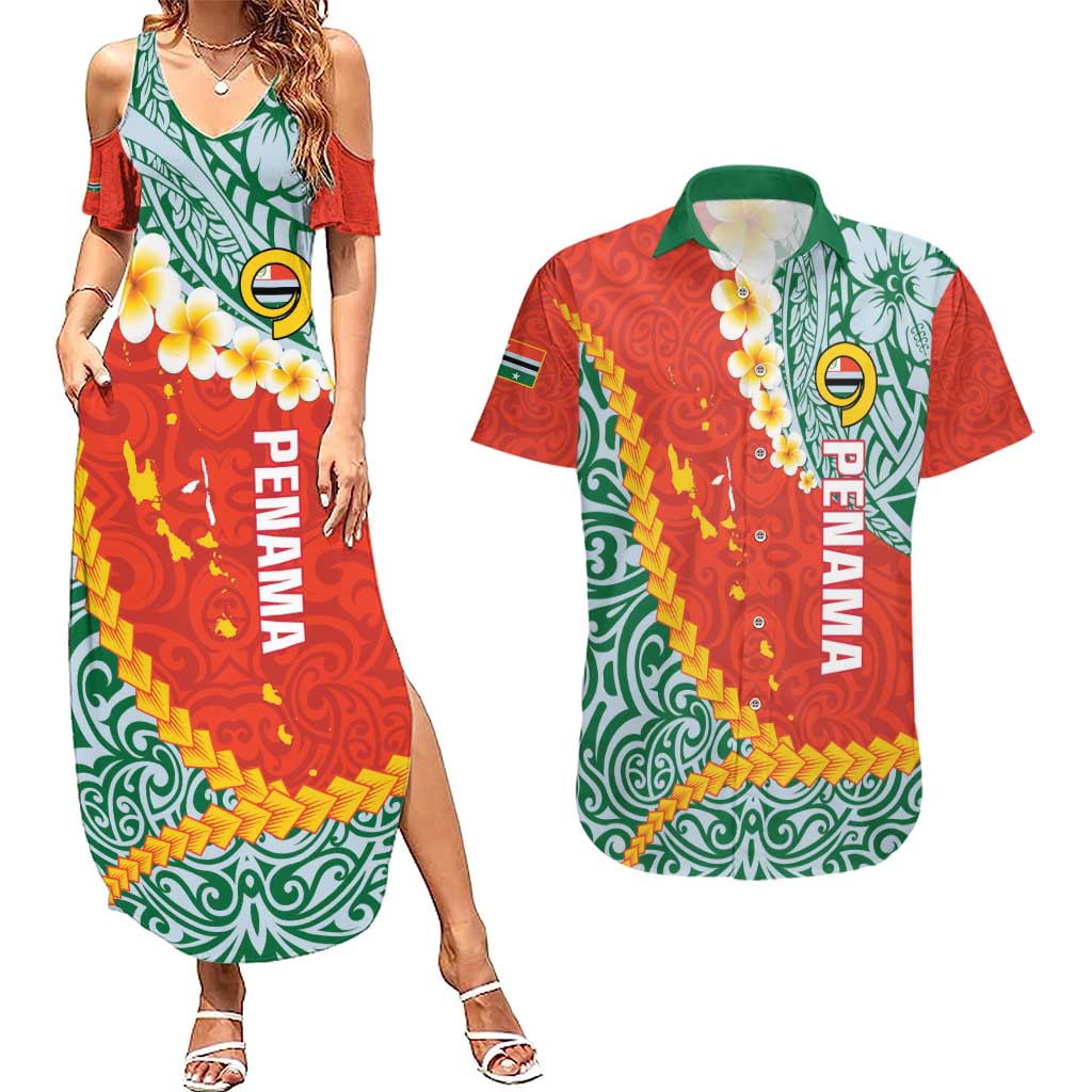 Penama Province Couples Matching Summer Maxi Dress and Hawaiian Shirt Vanuatu Map - Plumeria Flag Color