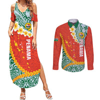 Penama Province Couples Matching Summer Maxi Dress and Long Sleeve Button Shirt Vanuatu Map - Plumeria Flag Color