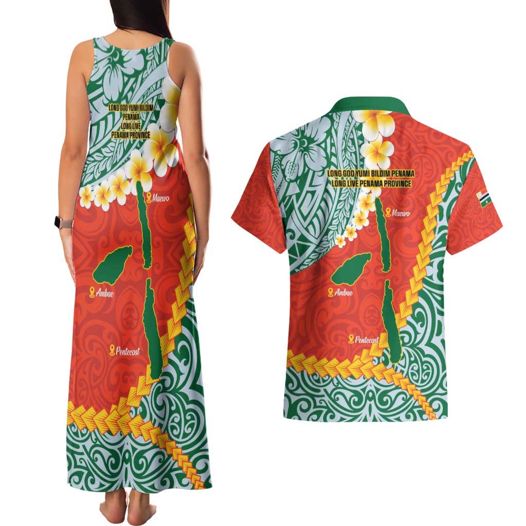 Penama Province Couples Matching Tank Maxi Dress and Hawaiian Shirt Vanuatu Map - Plumeria Flag Color