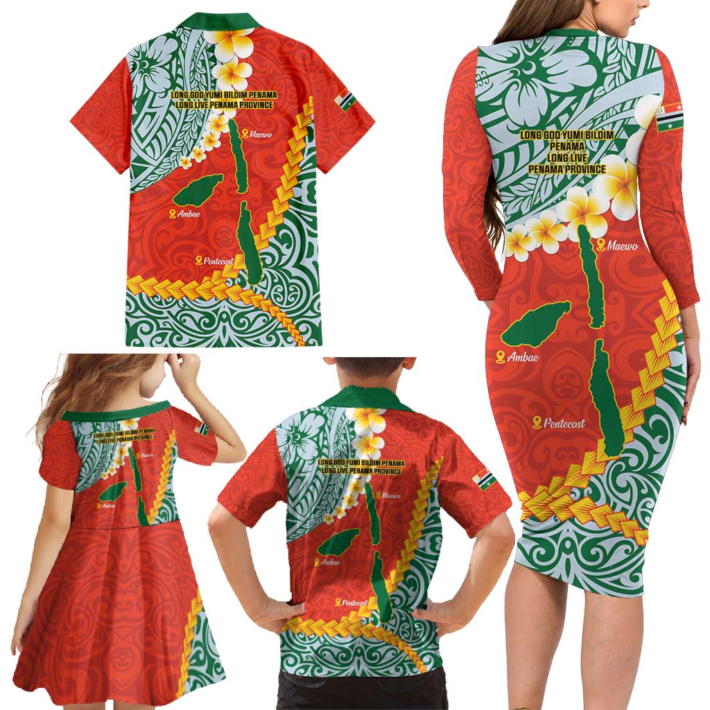 Penama Province Family Matching Long Sleeve Bodycon Dress and Hawaiian Shirt Vanuatu Map - Plumeria Flag Color LT14 - Polynesian Pride