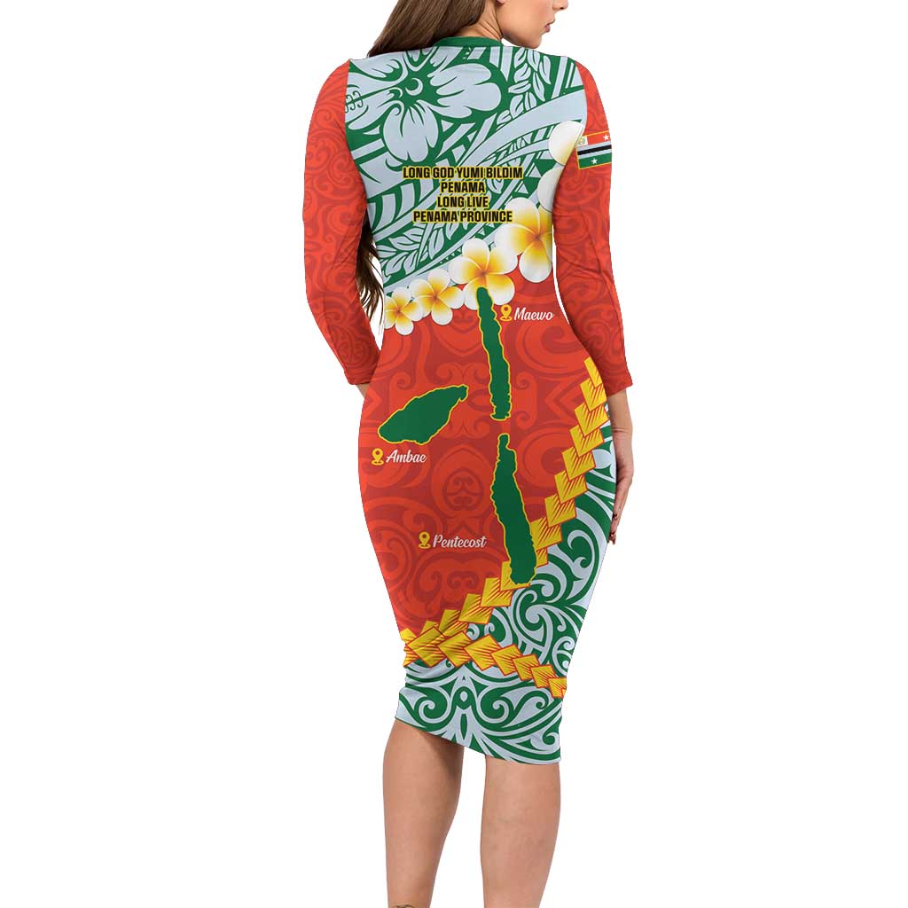 Penama Province Family Matching Long Sleeve Bodycon Dress and Hawaiian Shirt Vanuatu Map - Plumeria Flag Color LT14 - Polynesian Pride