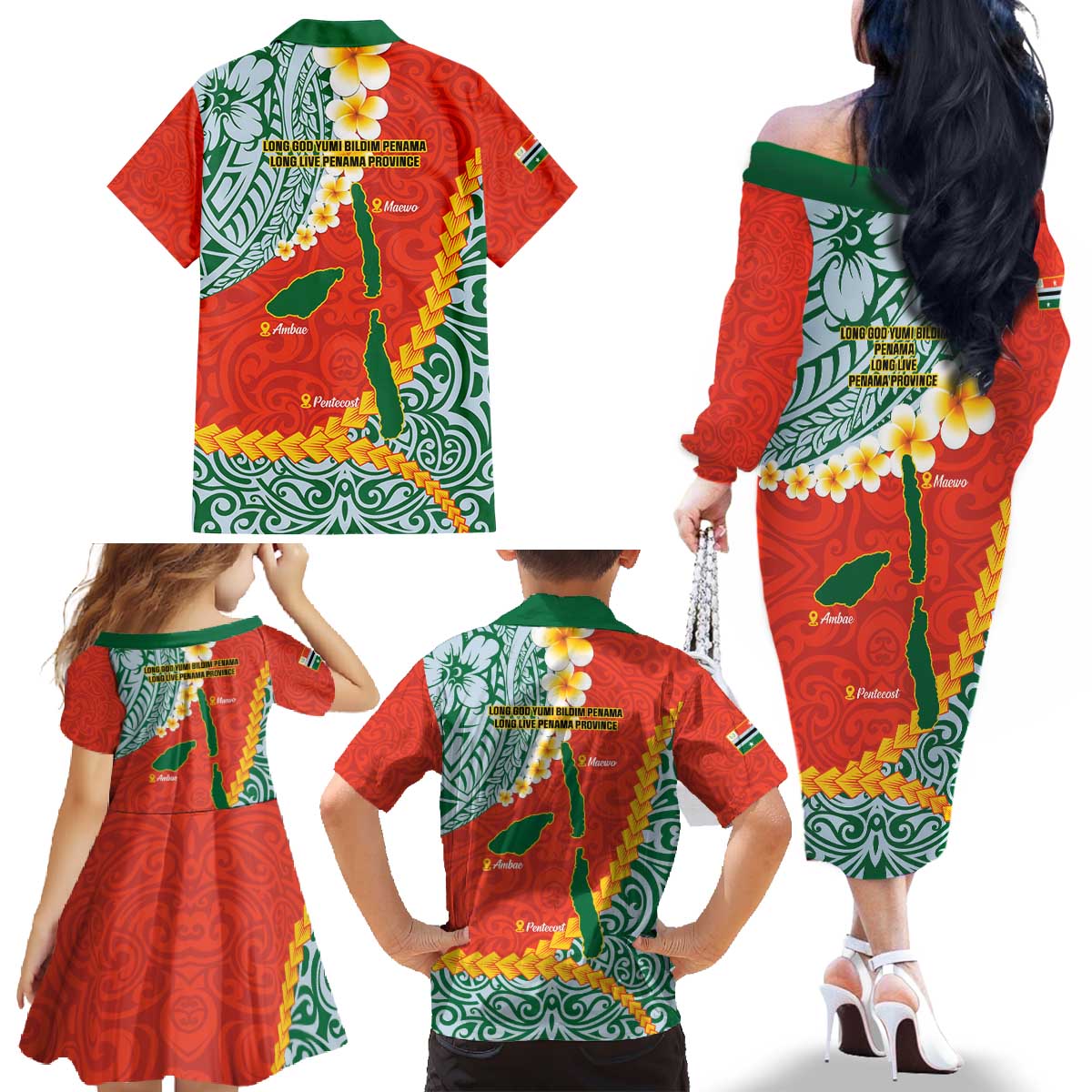 Penama Province Family Matching Off The Shoulder Long Sleeve Dress and Hawaiian Shirt Vanuatu Map - Plumeria Flag Color LT14 - Polynesian Pride