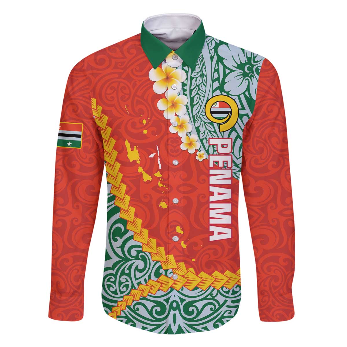 Penama Province Family Matching Off The Shoulder Long Sleeve Dress and Hawaiian Shirt Vanuatu Map - Plumeria Flag Color LT14 Dad's Shirt - Long Sleeve Red - Polynesian Pride